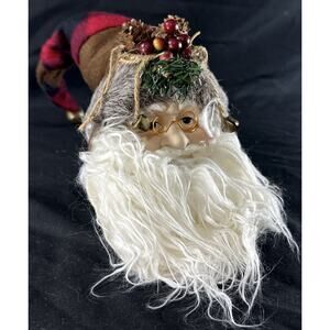 Santa’s Collection 2008 Series Santa Claus Head Ornament Red Plaid Hat Pinecones